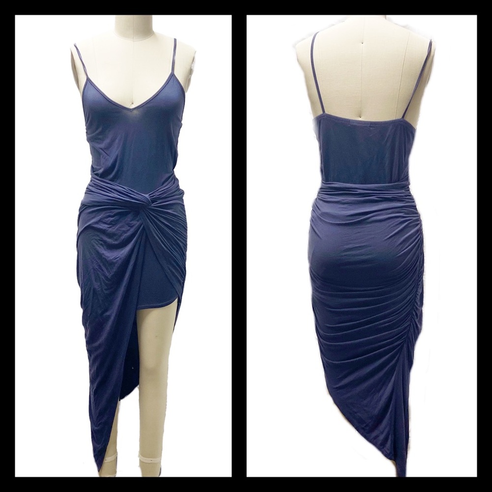 Krisa Asymmetrical cotton knit stretchy gathered dress in navy blue M